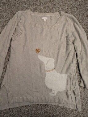 Beige Women's Knit Sweater with Dog and Gold Heart Accent